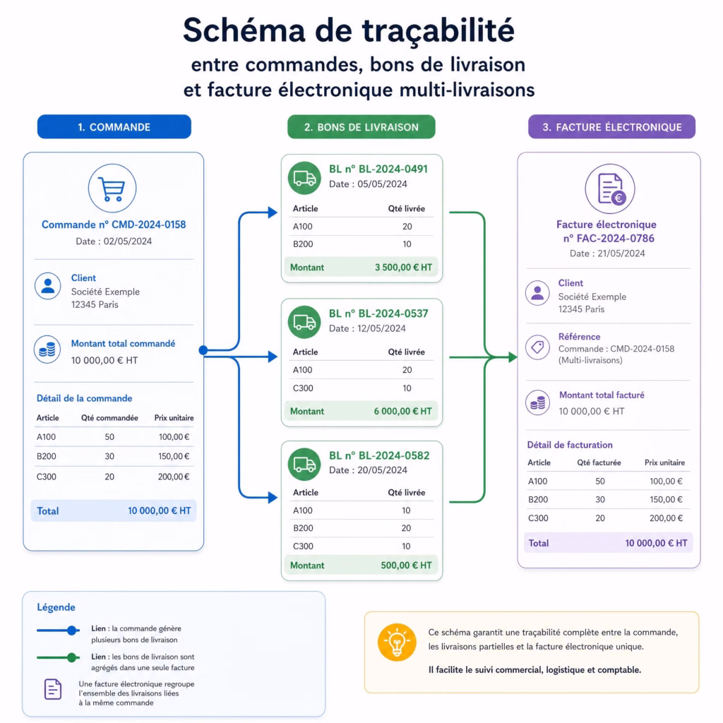 Schéma de traçabilité entre une commande, trois bons de livraison partiels et une facture électronique multi-livraisons